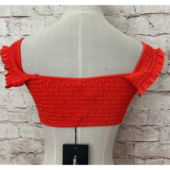 Pretty Little Thing Swim Bikini Top US 8 Red Frill Smocked Shirred Padded NEW - Picture 3 of 5
